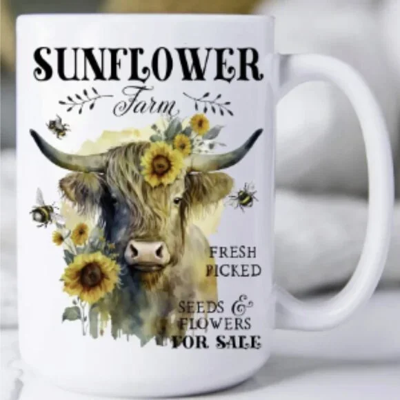 Highland Cow Sunflower Farm 15oz Coffee Mug - Picture 1 of 1